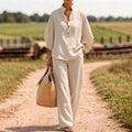 european and american cross-border new spring/summer comfortable casual button-down shirt and wide-leg pants linen two-piece women's set