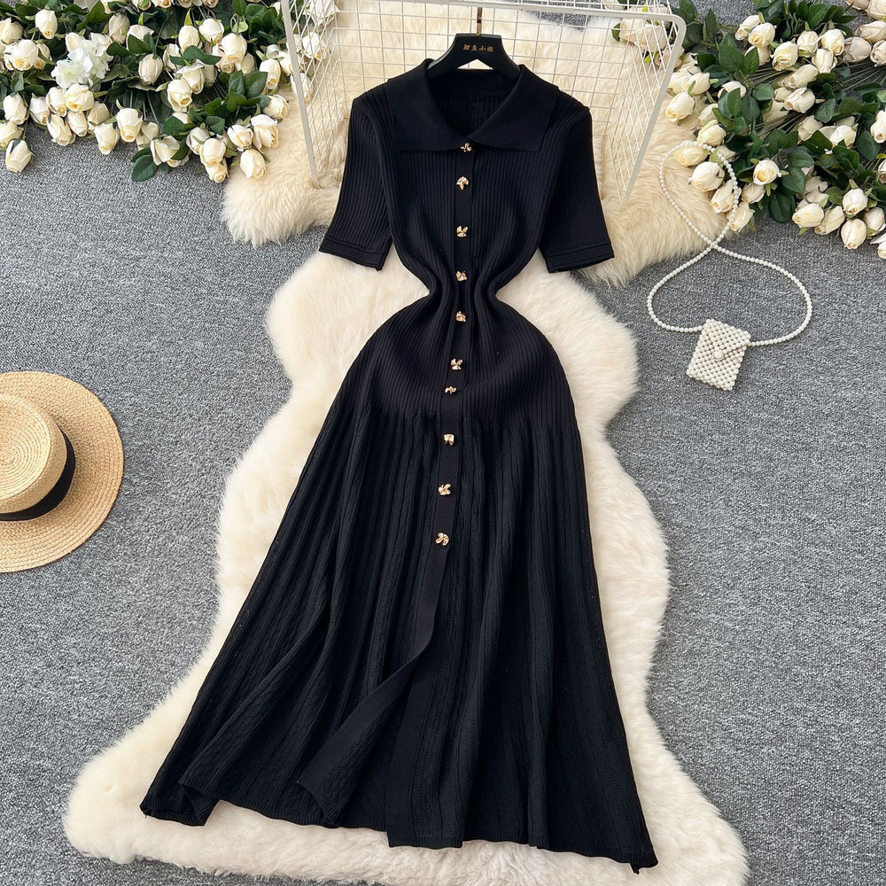Frenchretropolo collar short-sleeved metal button silmslimming lookdress women's classy sense waist knitting long skirt