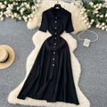 Frenchretropolo collar short-sleeved metal button silmslimming lookdress women's classy sense waist knitting long skirt