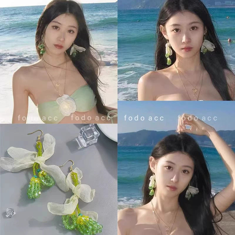 Green fresh beaded flower stud earrings long beach vacation style early spring earrings women's exaggerated stylish fashion earrings
