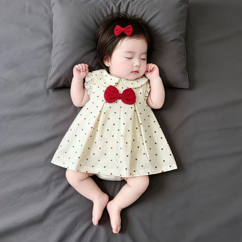 Newborn baby summer romper - lightweight newborn bodysuit - sweet & cute polka dot bowknot onesie for baby girls