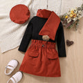 European and american cross-border children's fashion long-sleeved dress set with pom-pom scarf + beret 4-piece outfit