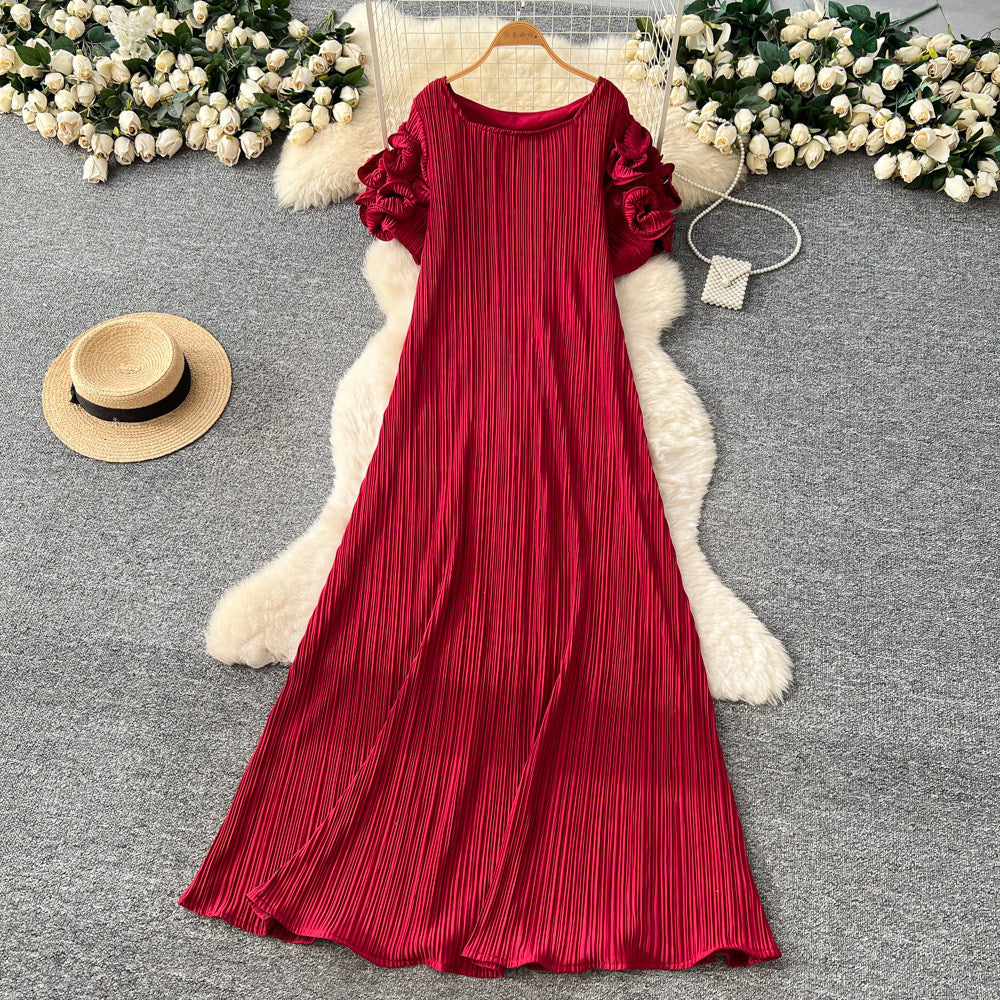 French-inspired pleated, waist-cinching, slimming dress for women. red, tie-waist, elegant, and flowy maxi dress, perfect for the office