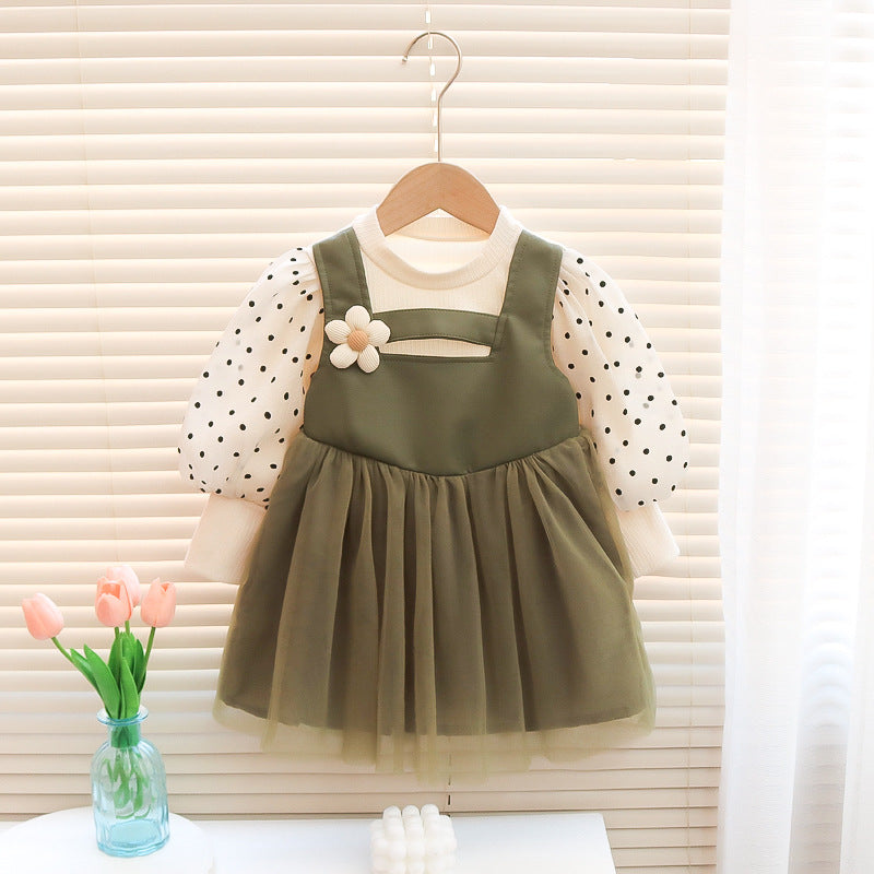 Korean style girls' dress spring  children's fashionable fake two-piece polka dot tulle skirt princess dress for baby girls