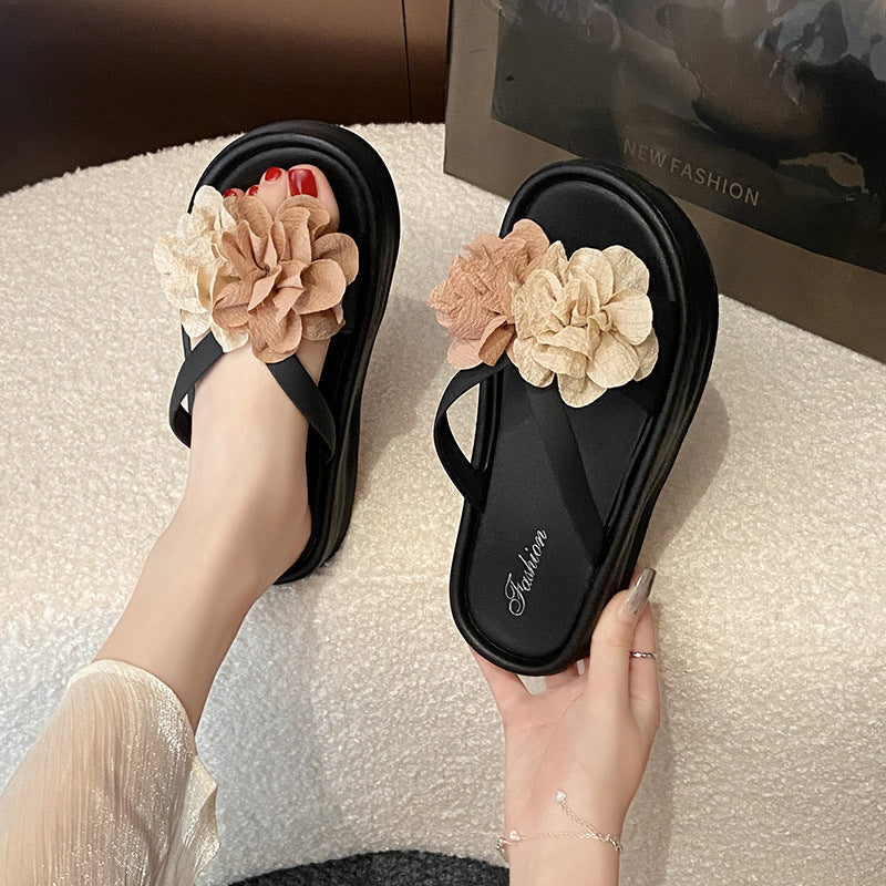 Women's platform slides - two-tone floral design, new summer collection, versatile fashion, flat, non-slip, student style, beach sandals