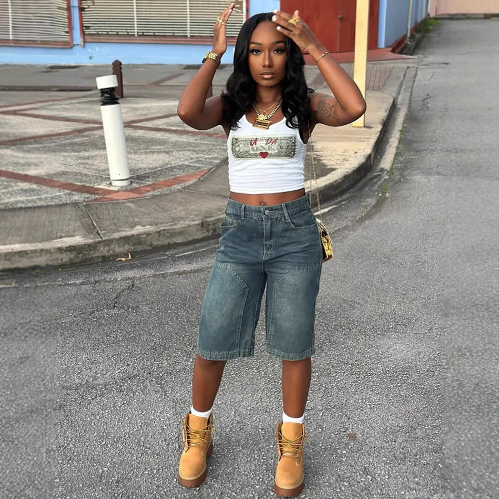 European and american cross-border women's fashion  women's casual denim shorts summer retro loose washed straight-leg denim shorts