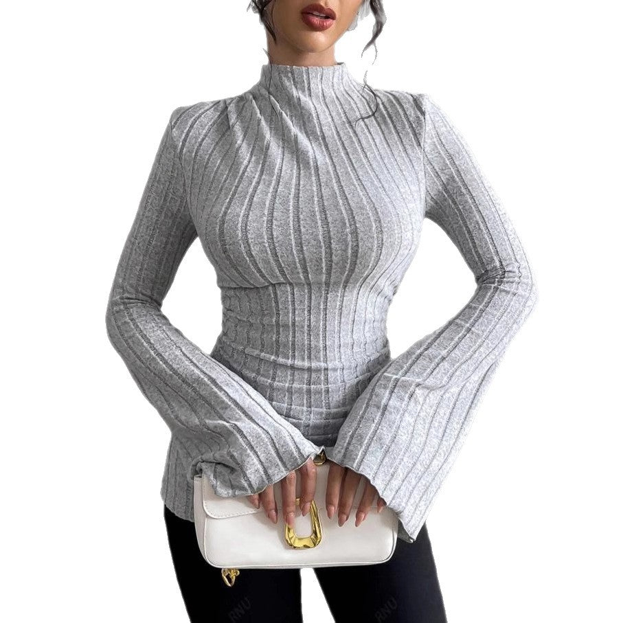 Fashion cross-border  spring new arrival pit half turtleneck silm elegant women's inner bell sleeve bottom shirt