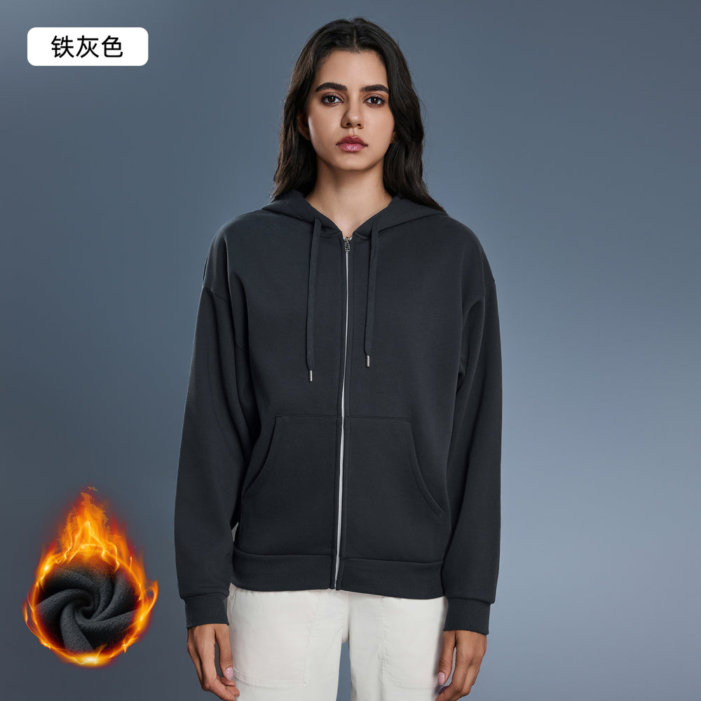 Fall and winternew arrivalfleece-lined hooded sweatshirt women's windproof heattechlooseslimming lookcasual zipper cardiganoutweard25155