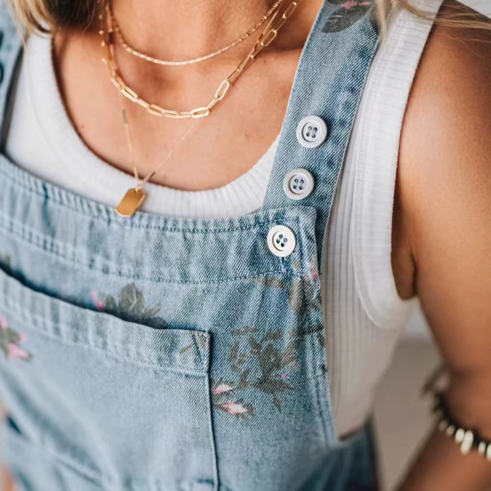 european and american cross-border  overalls fashion denim floral print casual sleeveless overalls jumpsuit for women