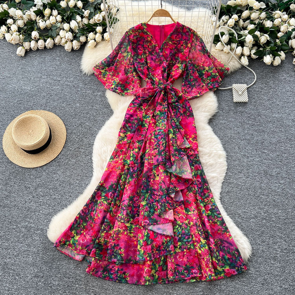 French chic high-end women's summer dress - elegant, figure-flattering, asymmetrical ruffle hem, floral chiffon maxi dress