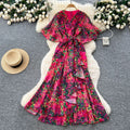 French chic high-end women's summer dress - elegant, figure-flattering, asymmetrical ruffle hem, floral chiffon maxi dress