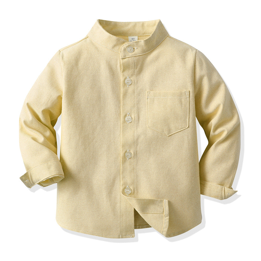 Inner wear cross-border children's clothing kids candy color shirt spring boys shirt medium and large children stand collar boys shirt long sleeves