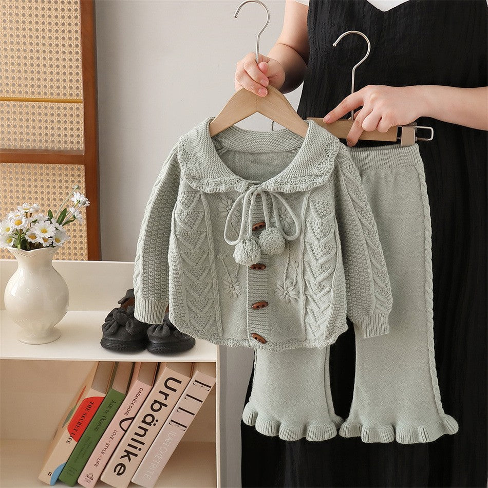 Girls' knit sweater set  new style: handmade flower pom-pom bowknot top and pants two-piece outfit for little girls