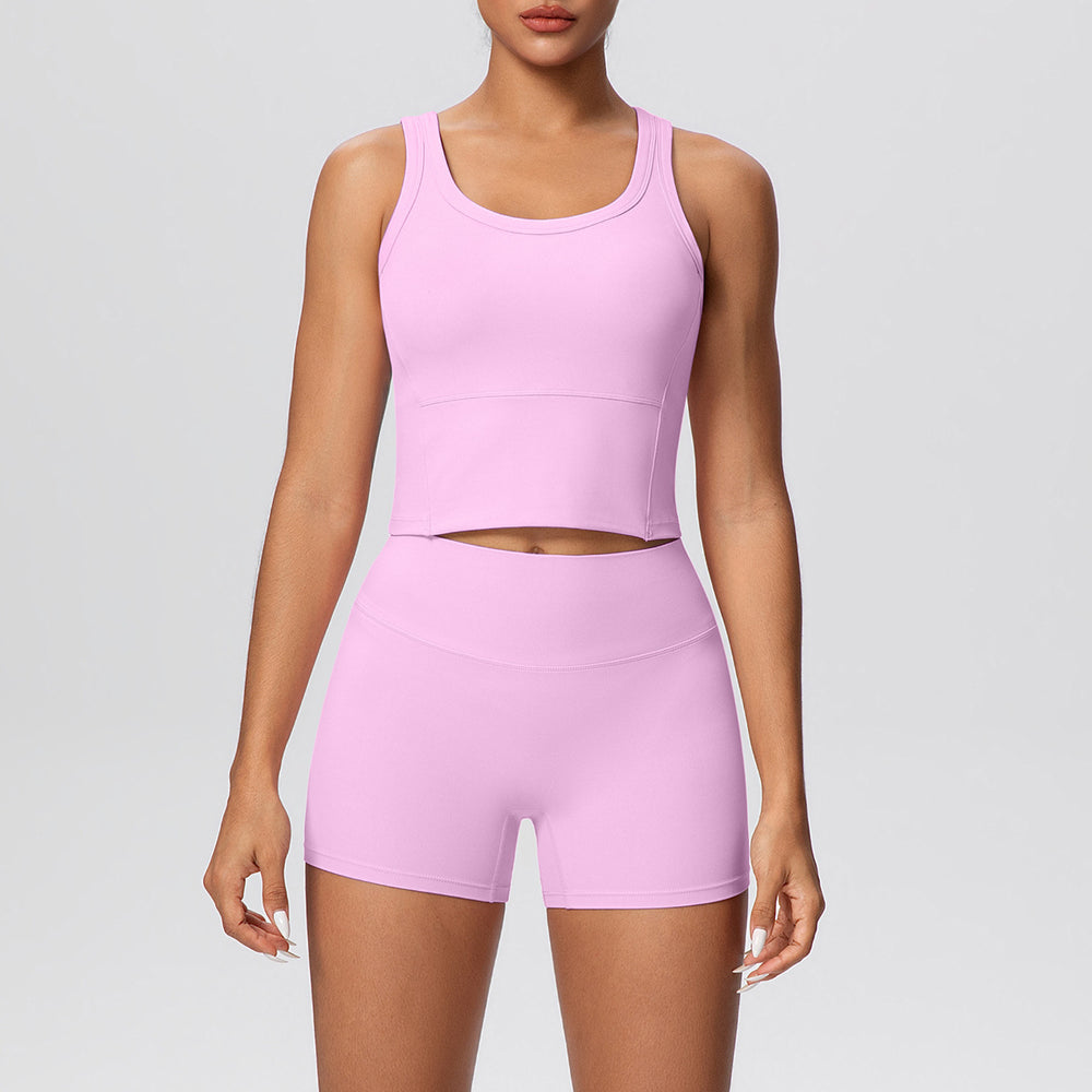 New arrival: cross-border double-sided brushed solid color breathable tank top and shorts yoga set - activewear two-piece for running and fitness