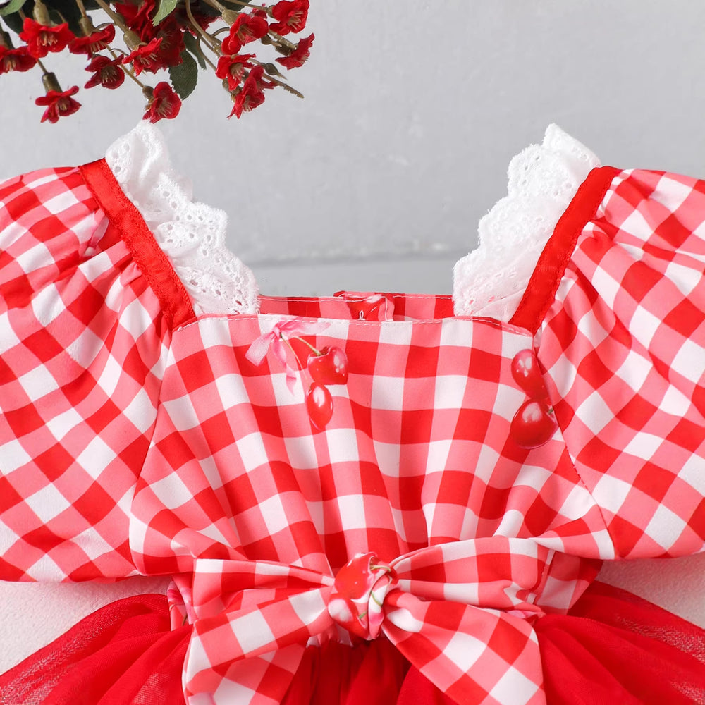 Infant short-sleeve bodysuit with red and white plaid mesh tutu skirt - baby girl's first birthday dress, princess style, ready to ship