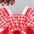 Infant short-sleeve bodysuit with red and white plaid mesh tutu skirt - baby girl's first birthday dress, princess style, ready to ship