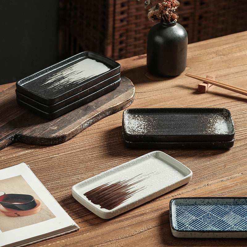 Japanese retro ceramic rectangular sushi plate - perfect for home use, desserts, pastries, creative flat plates, dim sum, and snacks
