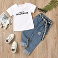 European and american cross-border new arrival: kids' round neck short sleeve letter print t-shirt + button-down distressed denim jeans with belt set