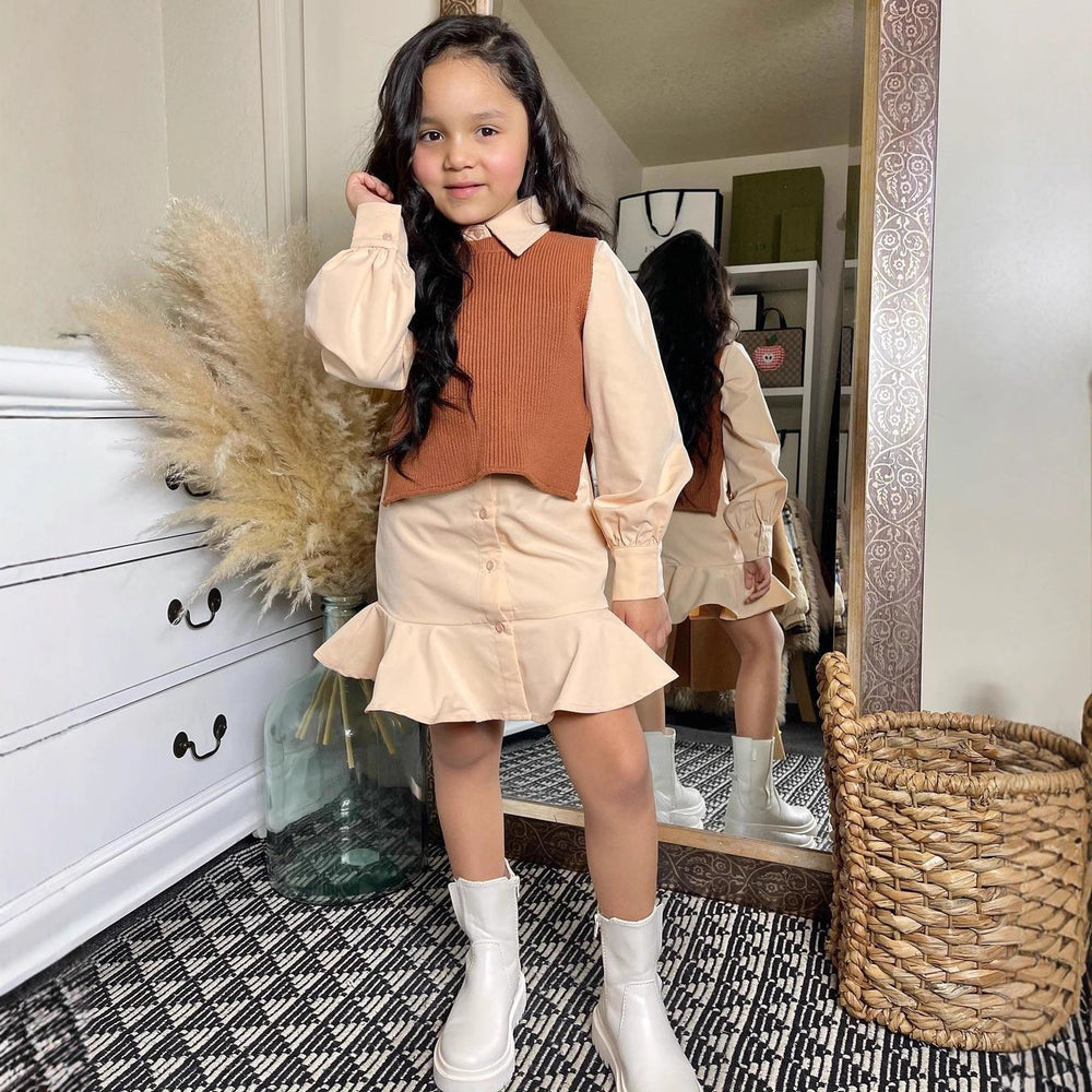 girls' autumn new arrival: collared long-sleeve ruffle princess dress shirt dress knitted vest two-piece set