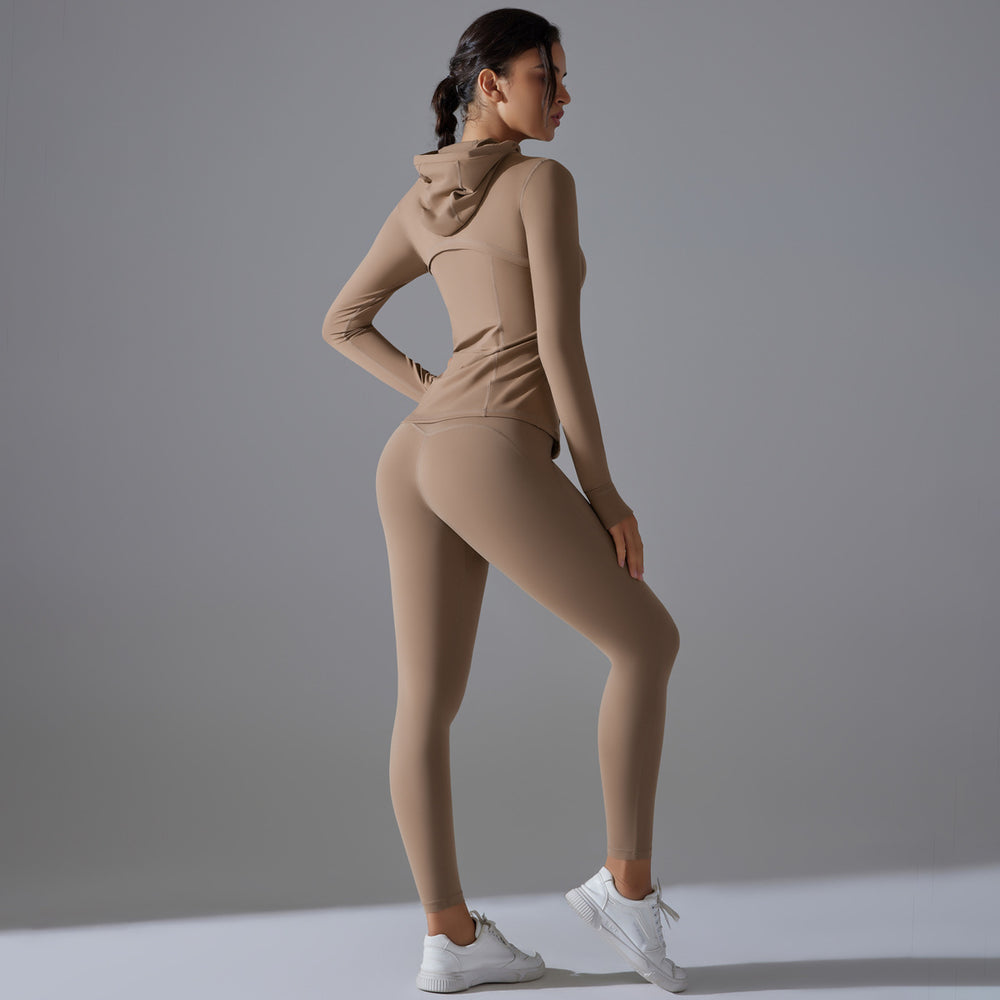New double-sided nylon yoga set with built-in shorts: solid color zip-up hooded sports jacket and running fitness set