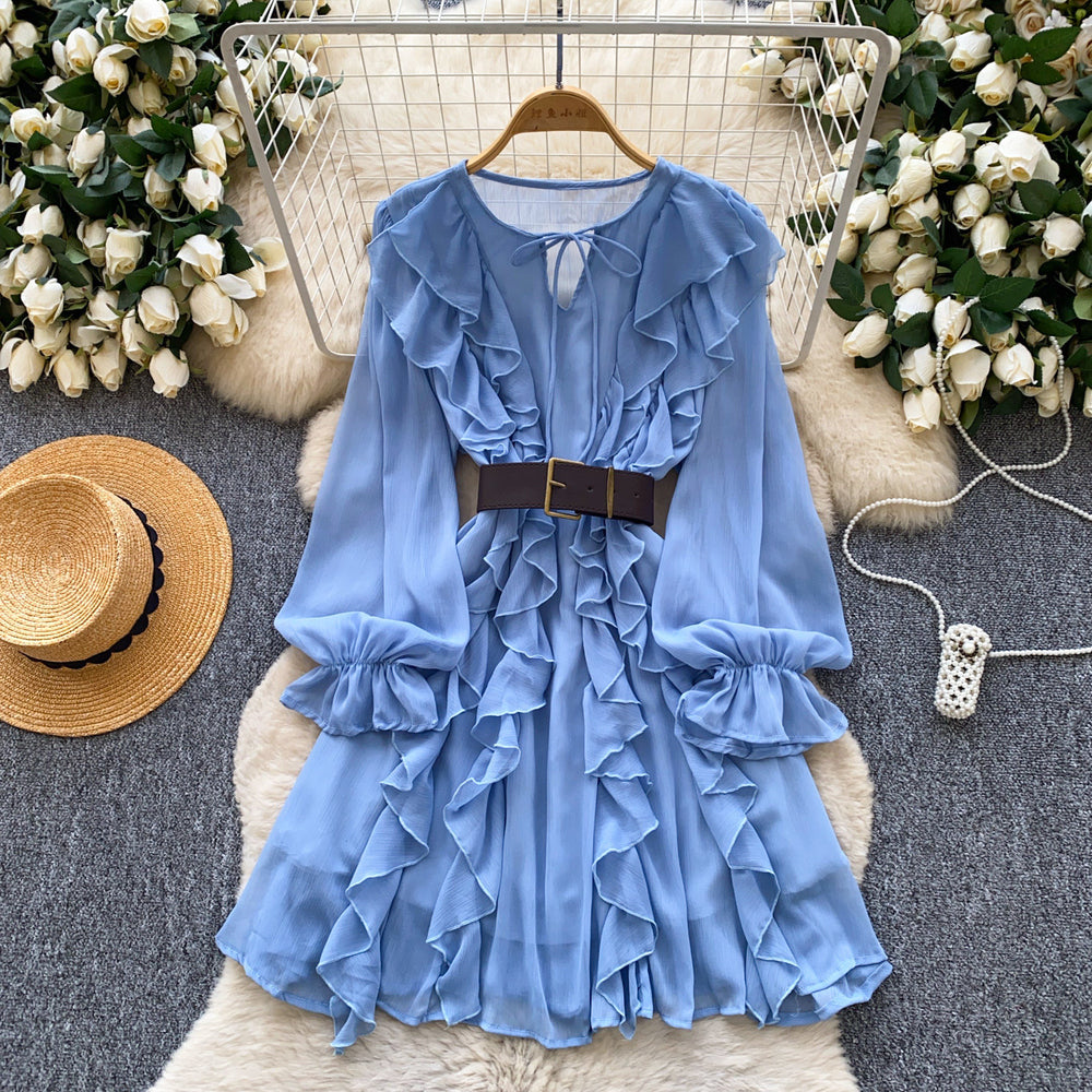 French chic ruffle chiffon dress - women's spring korean style long sleeve cinched waist belted versatile work dress