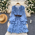 French chic ruffle chiffon dress - women's spring korean style long sleeve cinched waist belted versatile work dress