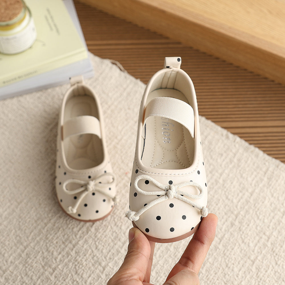 Vancahao girls' korean style polka dot princess shoes,  spring new collection, children's bowknot leather flats, low-cut single shoes
