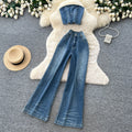 Retro denim casualcasual light mature style two-piece set women's summerhigh waistloose pantsslimming lookstraight-leg vest suit