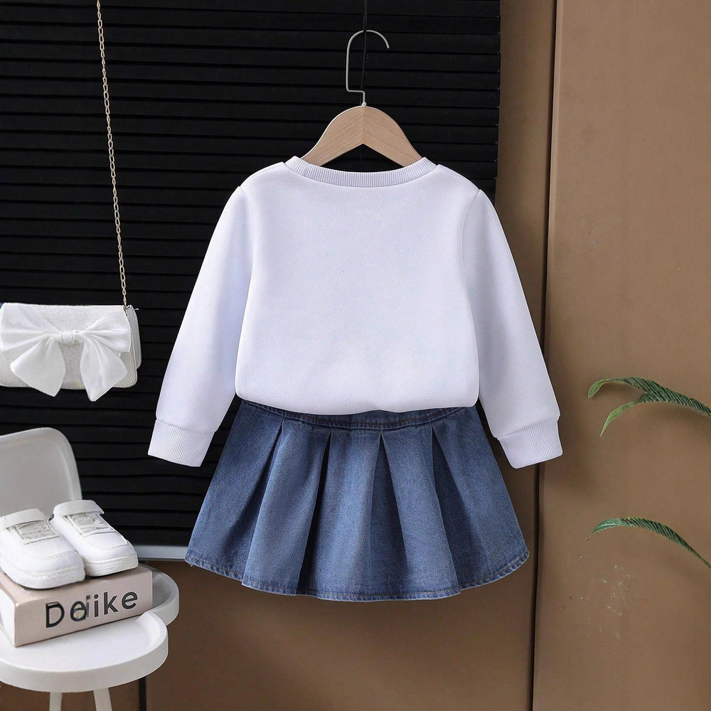 cross-border new arrival: girls' spring/autumn denim bowknot sweatshirt + heavy-duty washed denim skirt two-piece set