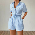 Shipped to europe and the us: -style striped, button-front, short-sleeved, cinched-waist jumpsuit for independent cross-border e-commerce stores