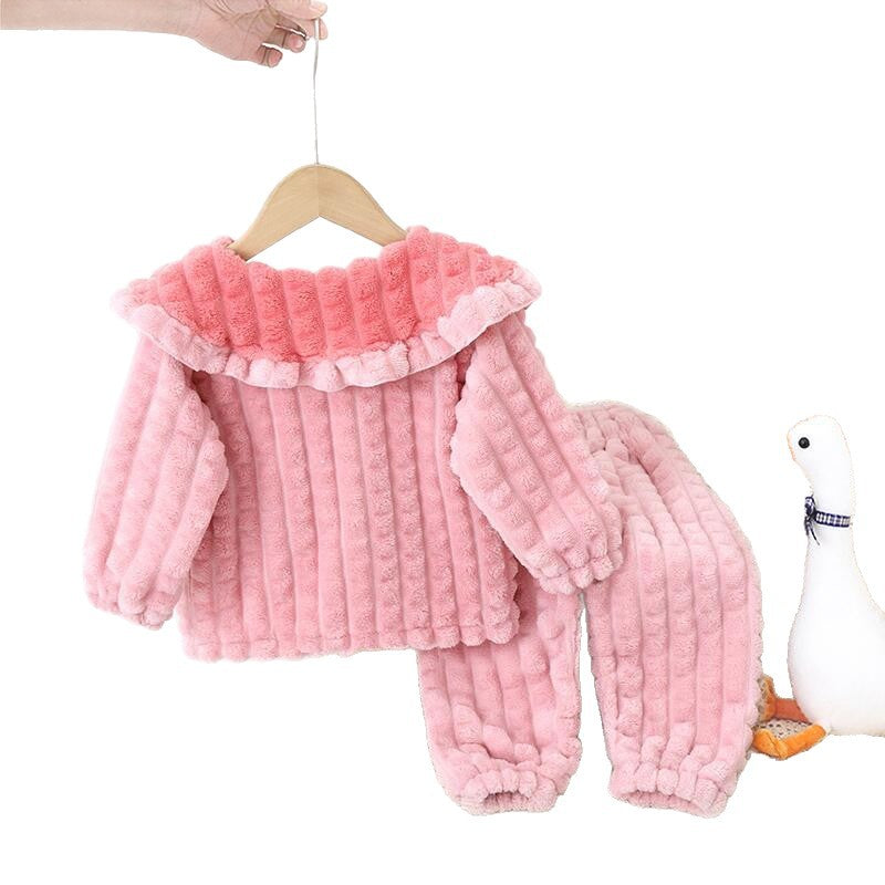 Girls' fleece-lined autumn/winter set: cute, thickened, warm coral fleece casual loungewear for girls - two-piece thick set