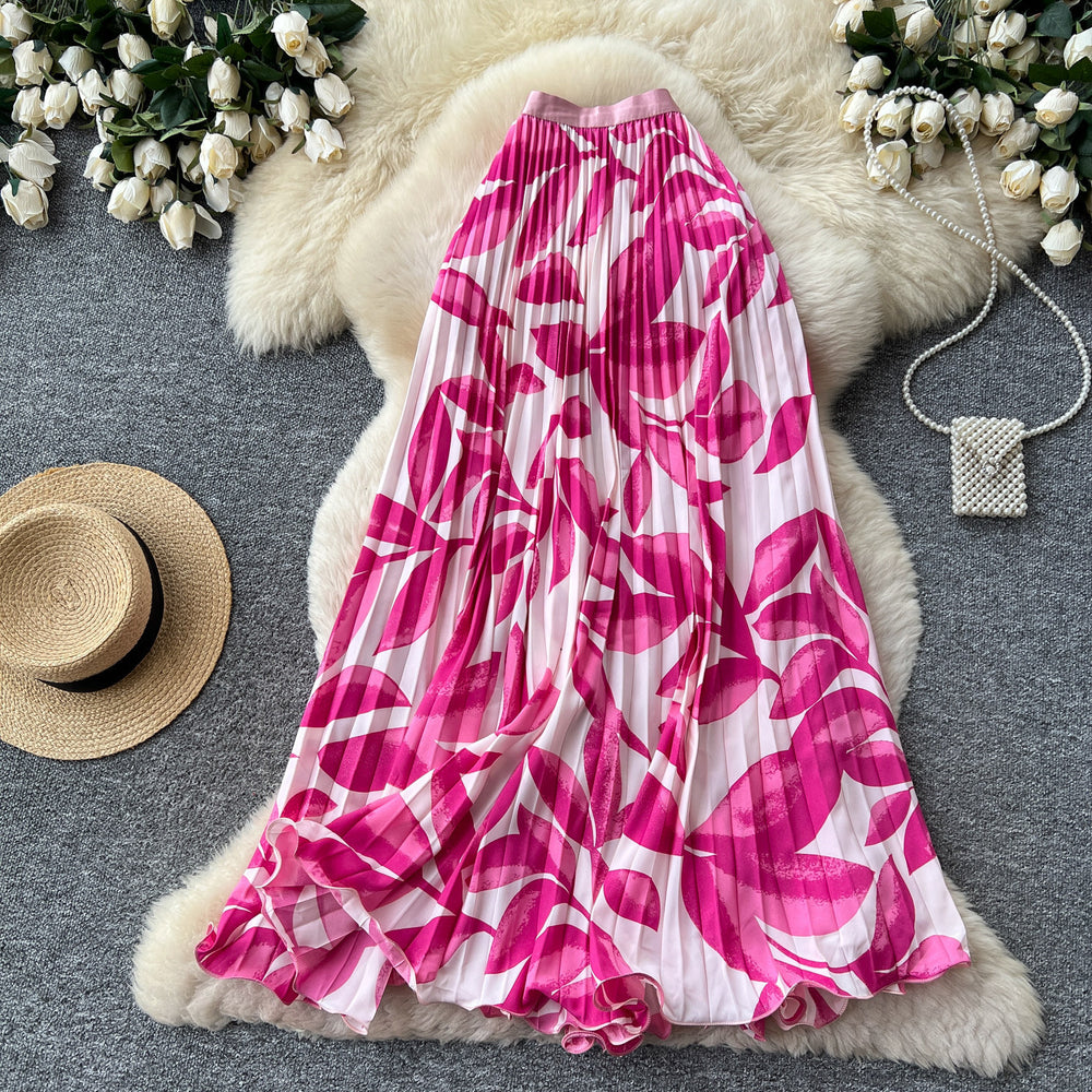 French printinghigh waistslimming looka-line pleated skirt women's summer midi skirt vacation style elegant work clothing skirt
