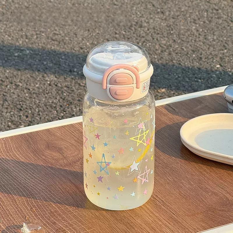 Planet casual plastic water cup kids water bottle double drinking straw cup good-looking large capacity portable carrying ring travel cup