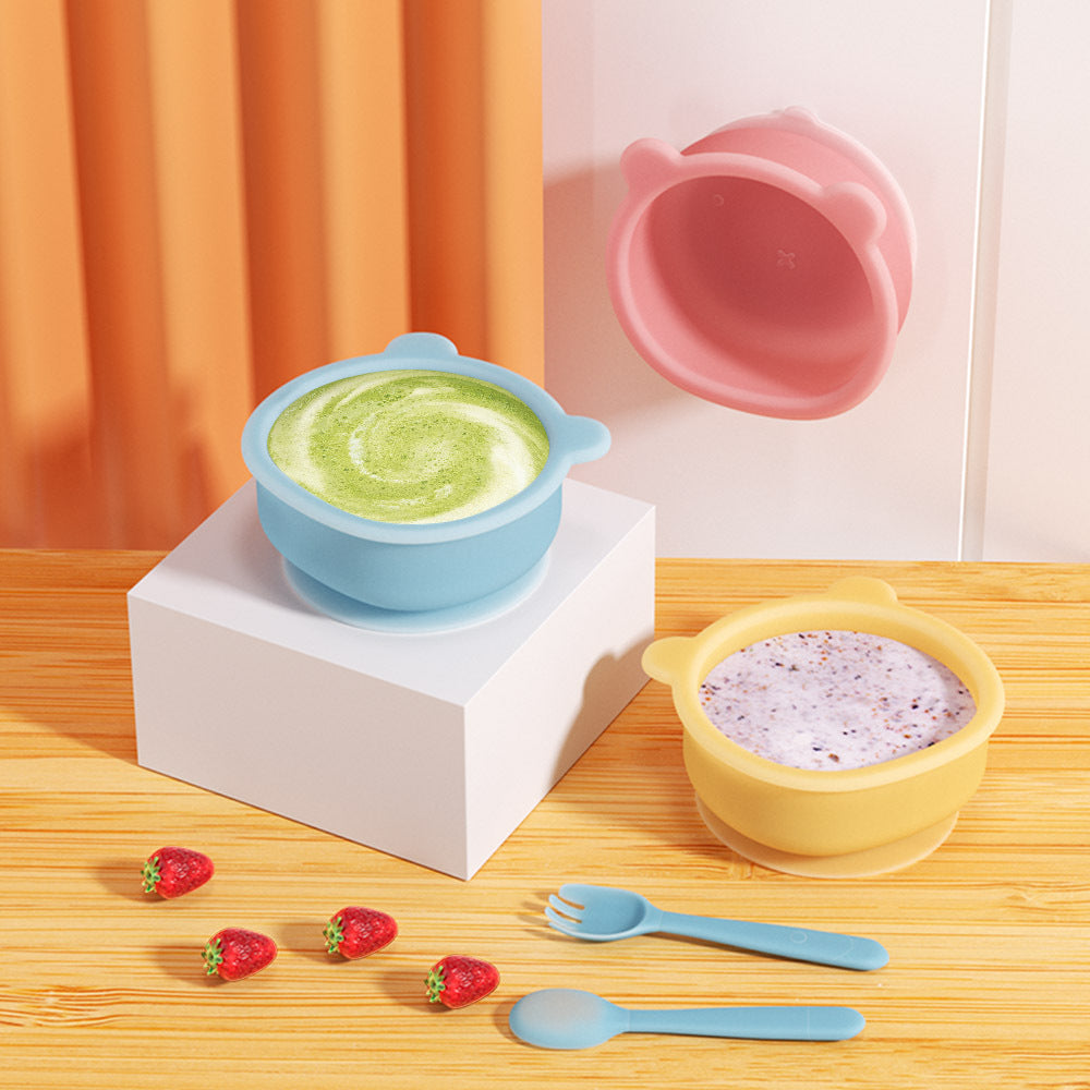 Children's complementary food bowl, dinner plate, bear integrated baby silicone bowl, baby learning to eat tableware, suction cup bowl grid