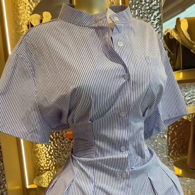 European and american cross-border women's fashion:  spring new arrival - elegant and stylish blue striped slim-fit short-sleeve shirt dress