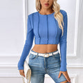 Export cross-border european and american clothing  fall and winter new arrival silmshortcrop top exposed stitching long sleeves t-shirt