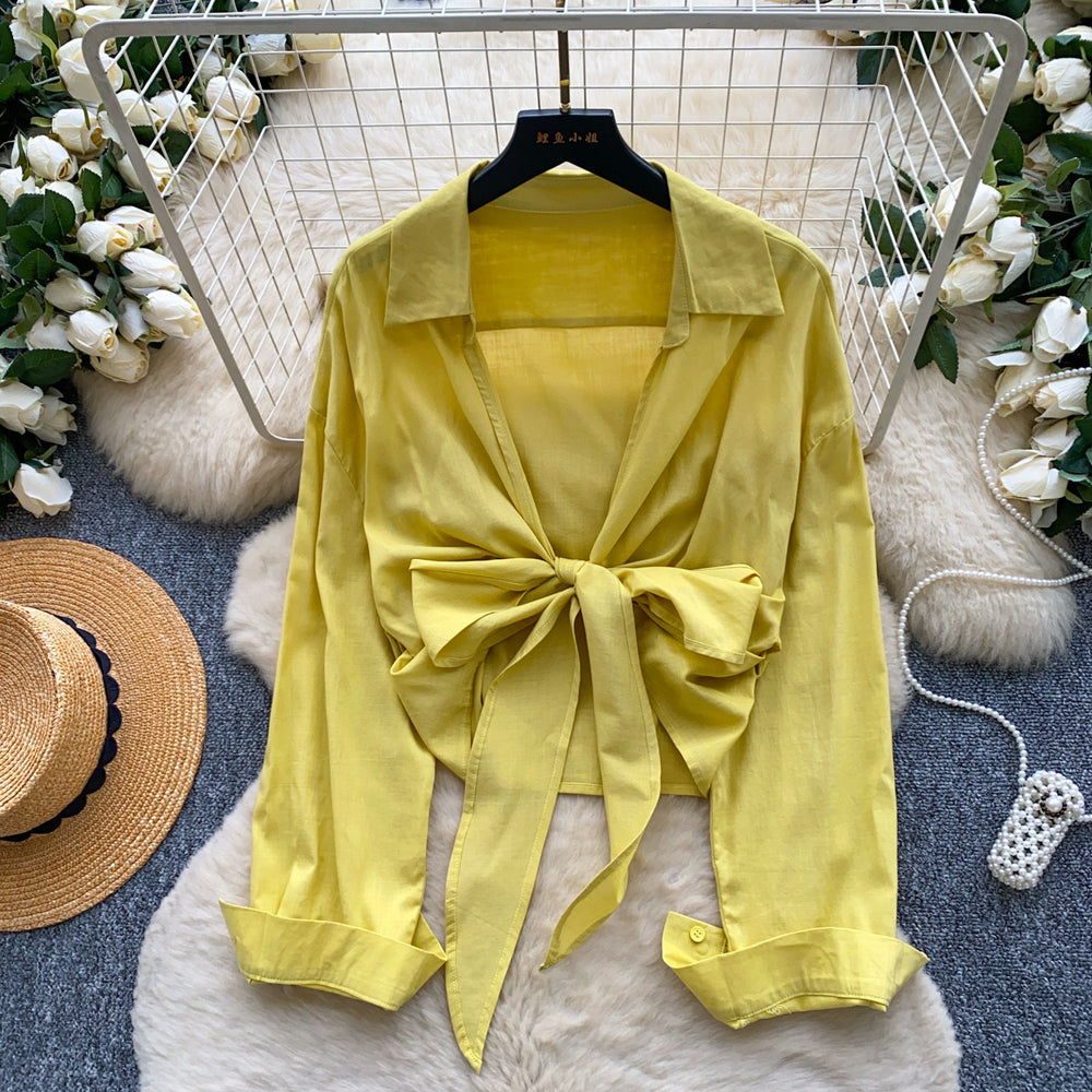 French work clothing style whiteelegantslimming looklong sleevesshirt women's summerloosebowscardigangirltops