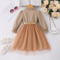 Girls' dress for toddlers and young children, featuring a collared, long-sleeved top paired with a mesh skirt