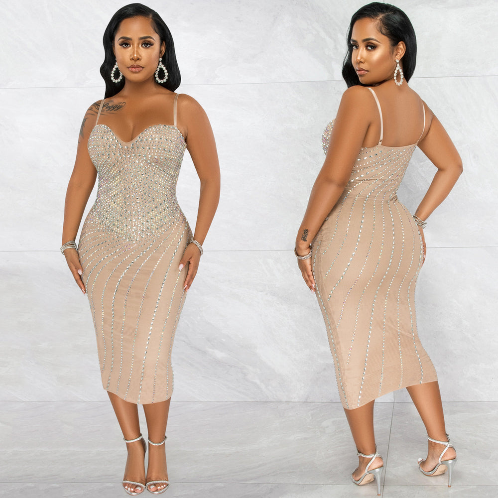 C5680 cross-border new arrivals: european & american women's apparel - , ,  - sexy rhinestone embellished cami dress for nightclubs