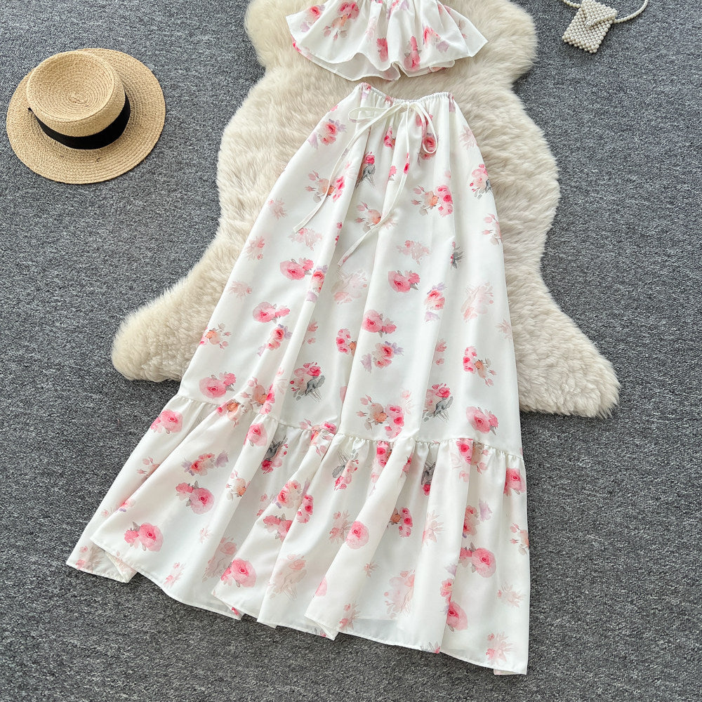 French holiday style floral suspender two-piece set women's summer pure lust style ruffles waist slimming lookelegantsuit
