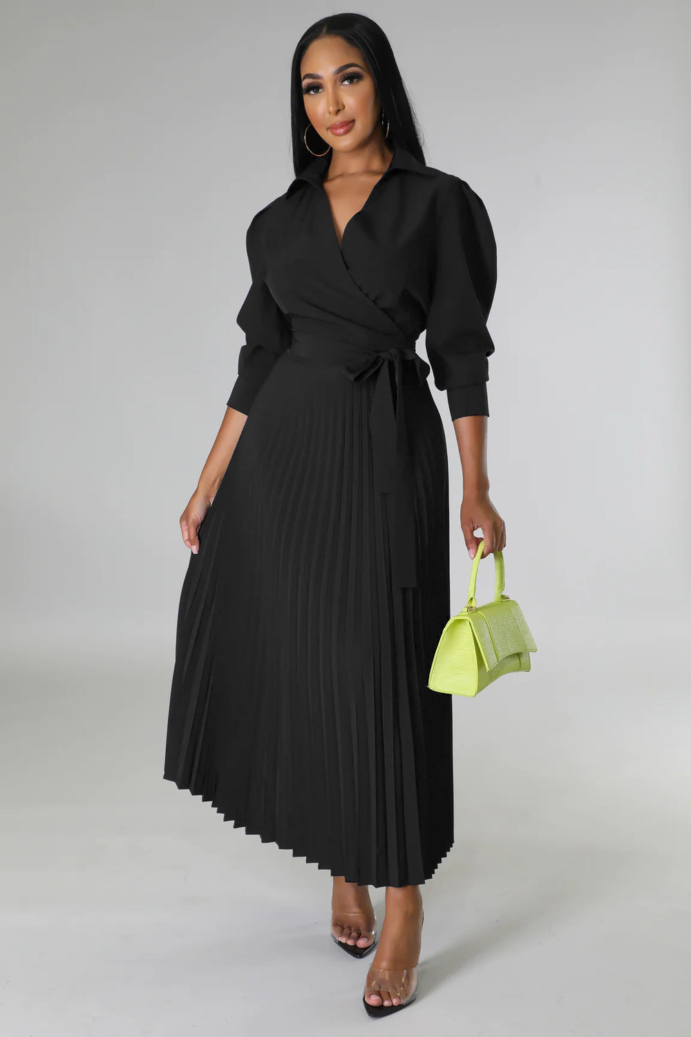 cross-border fashion: new ruched blouse sleeve v-neck, slim-fit, elegant pleated maxi dress for  us & europe