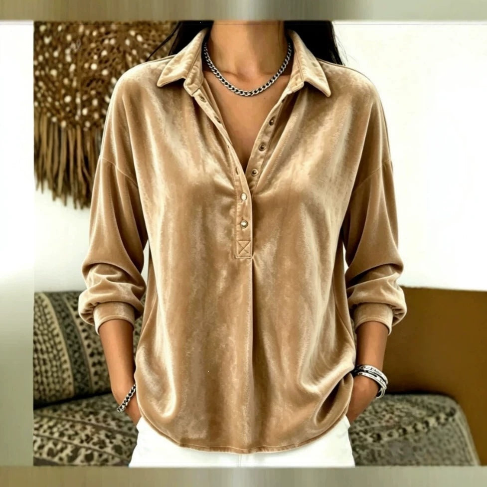 independent station fall and winterbest sellingcasualfashion women's gold velvet pure color lapel tops