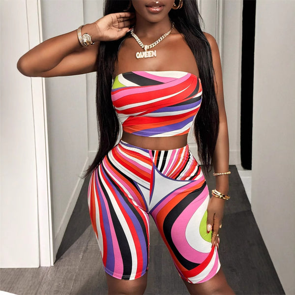2025 summer European and American   fashion contrasting color printing sexy tube top sleeveless top hip-wrapped short suit