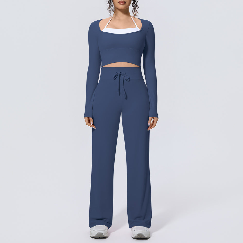 Naked feel quick-drying tight-fitting yoga clothes fake two-piece with chest pad sports long sleeves drawstring wide-leg running fitness suit for women