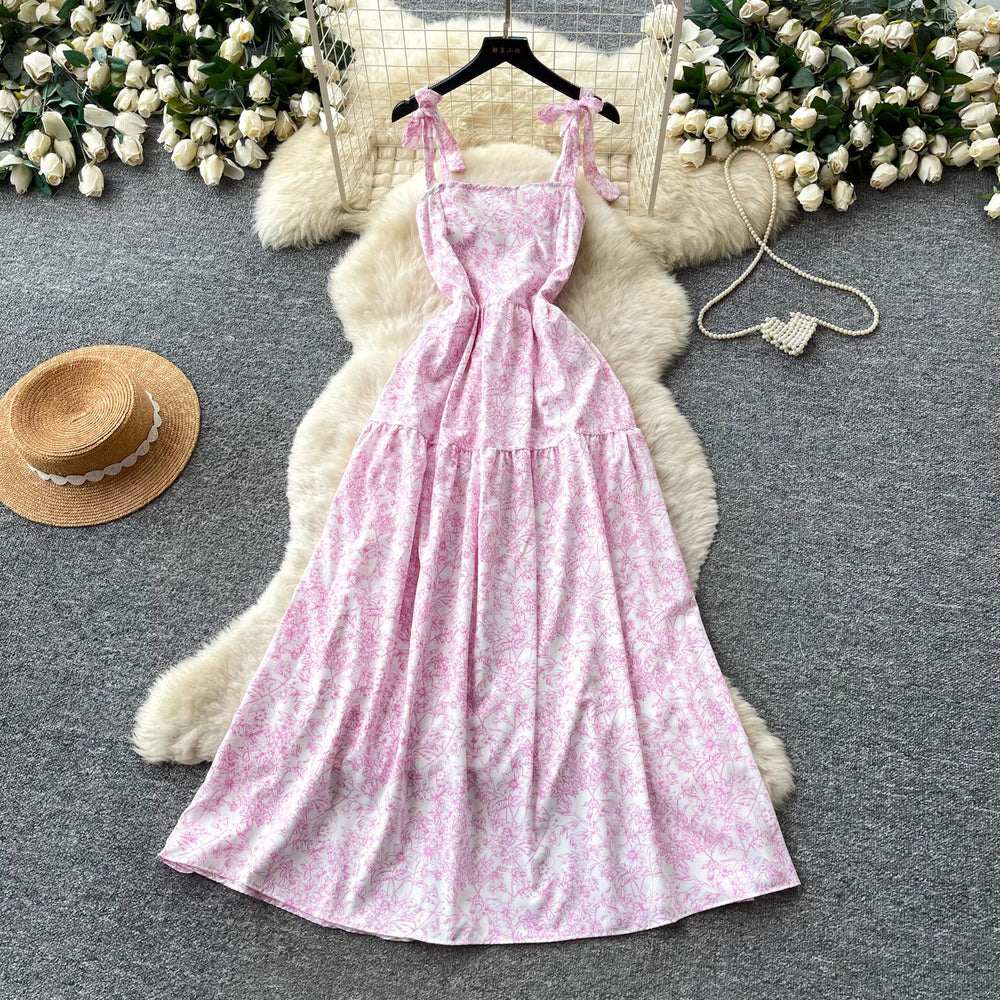 Vacation style printing suspender casual sleeveless dress for women summersense of designhigh waist waist slimming look long skirt yellow