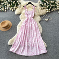 Vacation style printing suspender casual sleeveless dress for women summersense of designhigh waist waist slimming look long skirt yellow