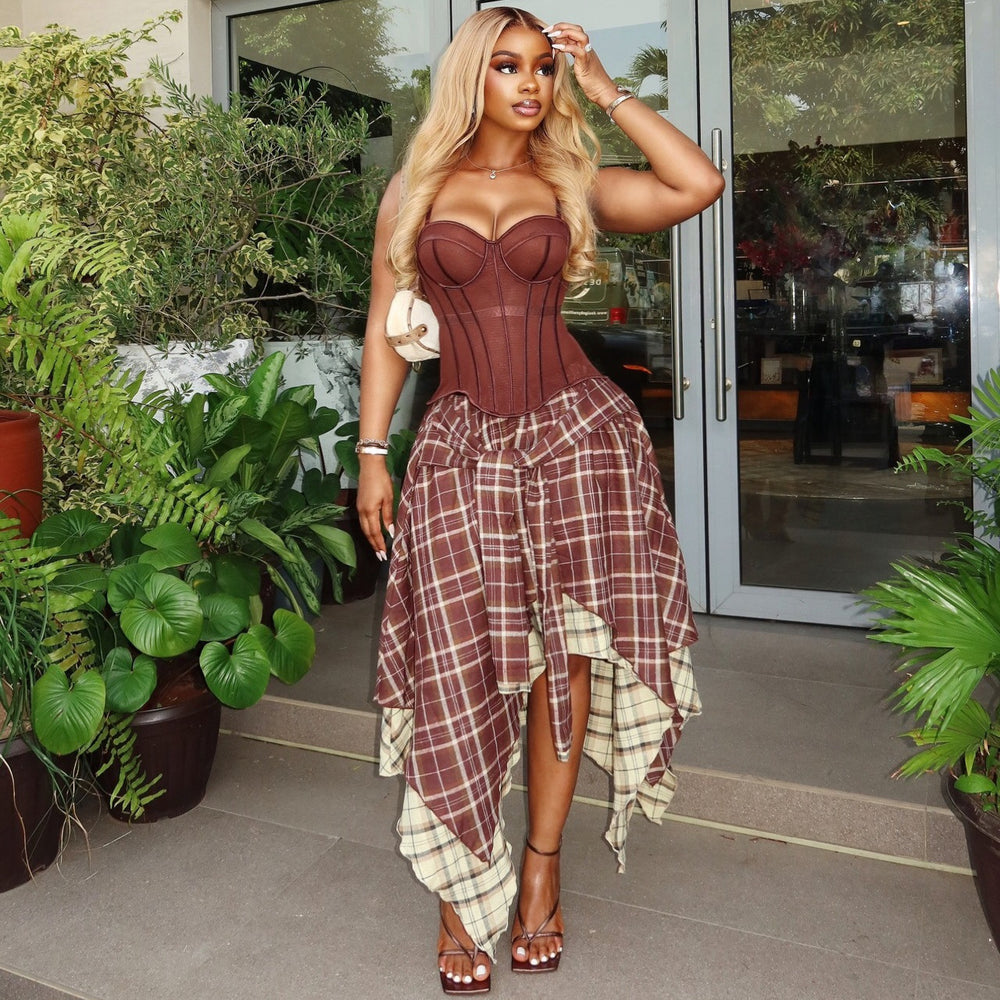 European and american cross-border women's fashion:  summer new arrival - elegant vintage plaid asymmetrical high-waisted slimming midi skirt
