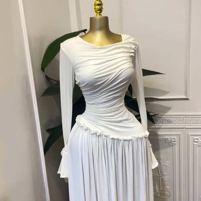 European and american cross-border women's fashion:  spring/summer new arrival - elegant ruched slim-fit flared sleeve maxi dress with ruffle trim