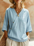 summer new women's solid color cotton linen european and american button-down top - cross-border e-commerce