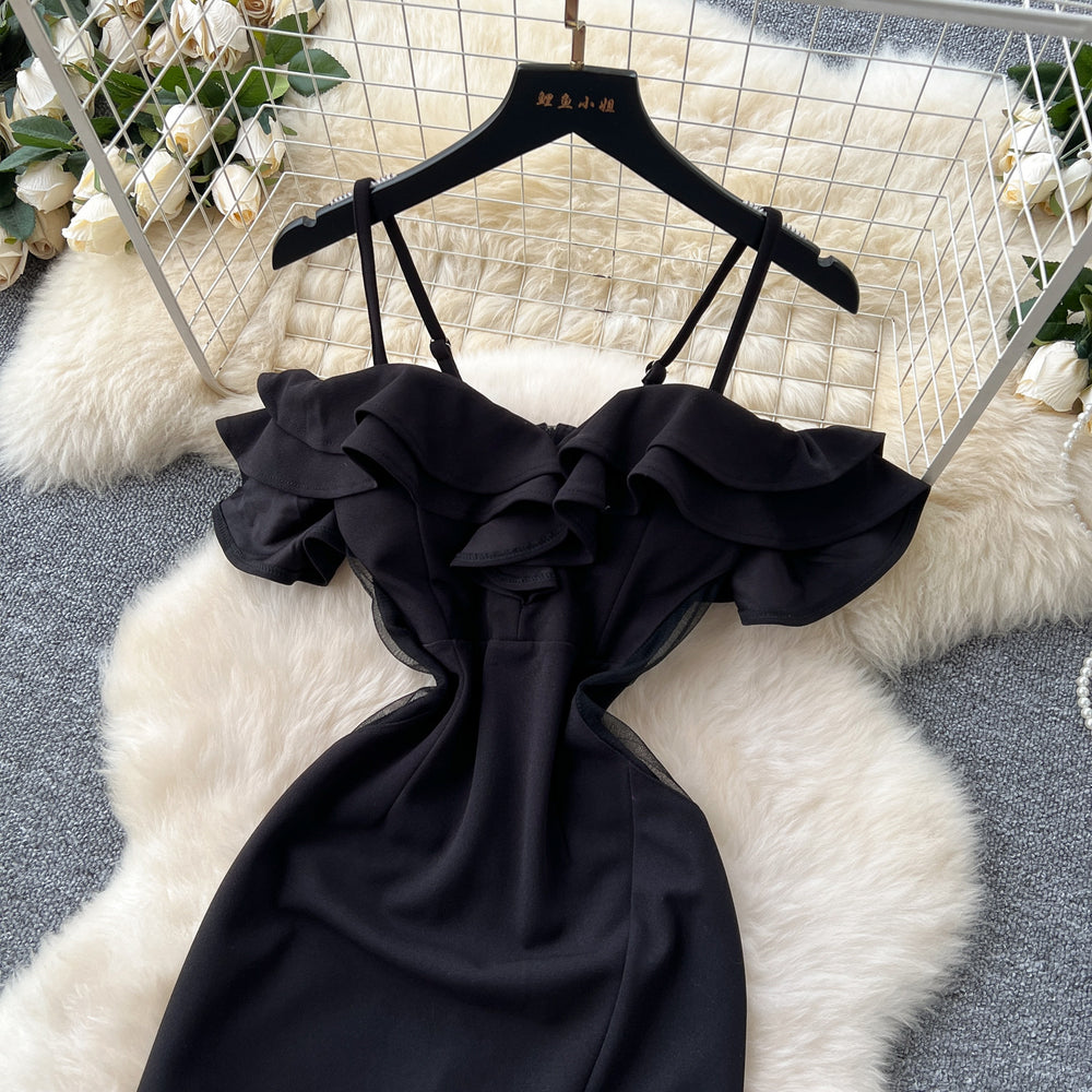 Luxury evening gown for women - french design, off-the-shoulder, spaghetti strap, mesh paneling, cinched waist, and slit dress